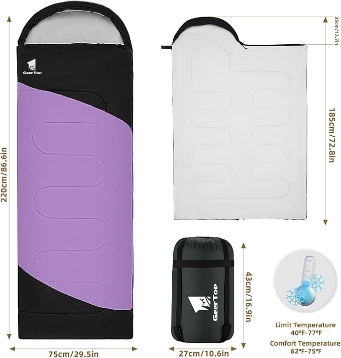 GEERTOP Backpacking Sleeping Bag for Camping, Lightweight Sleeping Bags for Adults Kids Summer Warm Cold Weather Hiking Travel