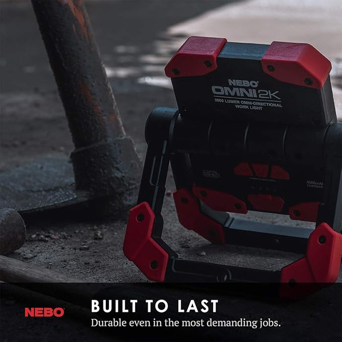 NEBO OMNI 2K Rechargeable Work Light | 2000 Lumens COB, 6 Light Modes, Rotating Magnetic Handles, Built-In Power Bank, Water Resistant, Portable Camping Lantern, Includes USB-C Charging Cable