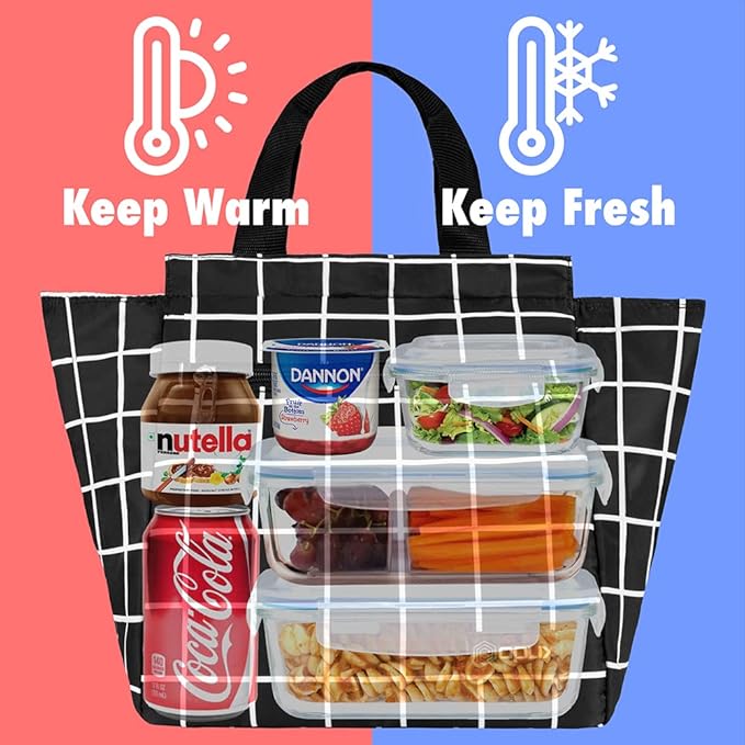 opux Lunch Bag for Women, Insulated Lunch Box Tote for Girls Kids Adult School Work, Reusable Womens Lunch Tote for Office Travel, Cute Small Lunch Tote, Fits 12 Cans - Checker Plaid Black