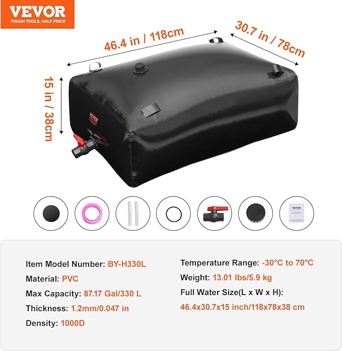 VEVOR 330L/87.17 Gallon Water Storage Bladder, RV Water Tank, 1000D PVC Collapsible Water Storage Containers, Large Capacity Soft Water Bag, Portable Water Bladder,Camping, Emergency Water Supply