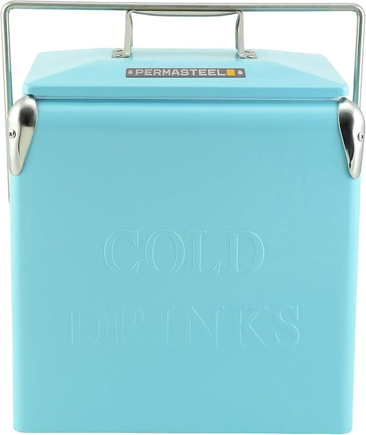 Permasteel 14-Qt Retro Vintage Portable Ice Chest, Hard Metal Personal Cooler for Camping, Beach, Picnic, Classic Style Ice Chest, Turquoise