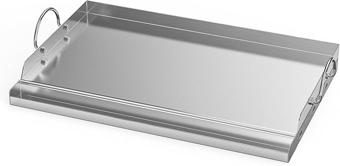 onlyfire Stainless Steel BBQ Griddle, Outdoor Flat Top Griddle Pan with Grease Groove and Handles for Gas and Charcoal Grills, 25”x16”