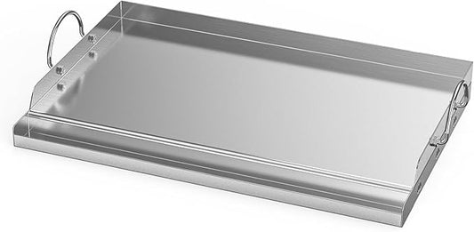 onlyfire Stainless Steel BBQ Griddle, Outdoor Flat Top Griddle Pan with Grease Groove and Handles for Gas and Charcoal Grills, 25”x16”