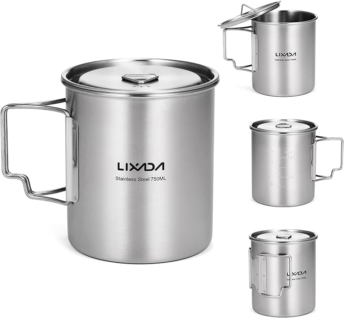 LIXADA Camping Cup Pot,750ml Stainless Steel Water Cup Mug with Foldable Handles and Lid for Outdoor Camping Hiking Backpacking