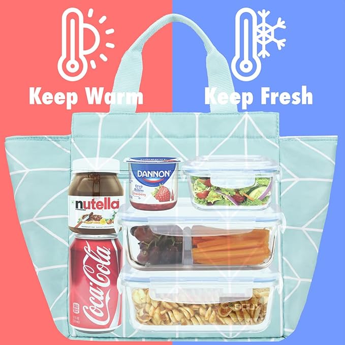 opux Lunch Bag for Women, Insulated Lunch Box Tote for Girls Kids Adult School Work, Reusable Womens Lunch Tote for Office Travel, Cute Small Lunch Tote, Fits 12 Cans - Chevron Teal