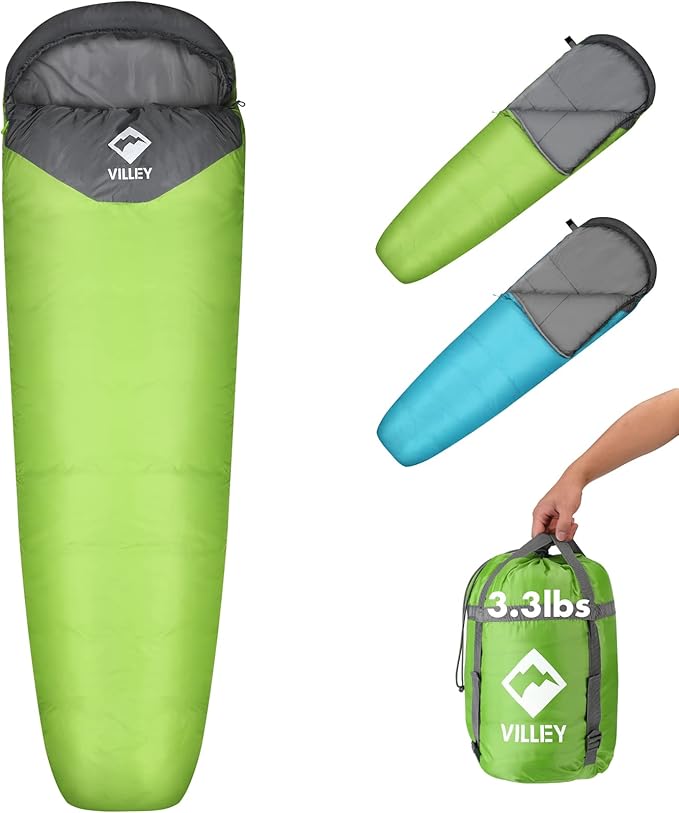 VILLEY Mummy Sleeping Bag, Lightweight Backpacking Sleeping Bag for Adults & Kids, Camping Hiking Equipment for 3-4 Seasons