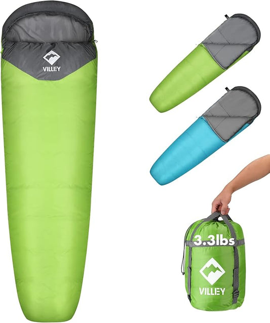 VILLEY Mummy Sleeping Bag, Lightweight Backpacking Sleeping Bag for Adults & Kids, Camping Hiking Equipment for 3-4 Seasons