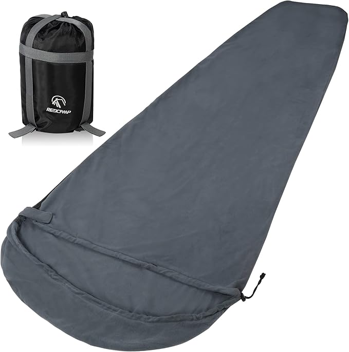 REDCAMP Mummy Fleece Sleeping Bag Liner with Hood, Great for Adult Warm or Cold Weather, 90" Long Full Sized Zipper Camping Blanket for Outdoor, Grey