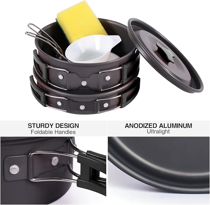 REDCAMP 12/14/15/19 PCS Camping Cookware Mess Kit Camping Gear Campfire Utensils Lightweight Stackable Pot Pan Bowls Soup Spoon with Storage Bag for Camping, Backpacking, Outdoor Cooking, Picnic