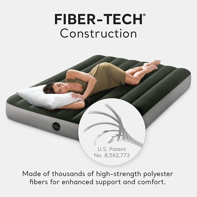Intex 64762E Dura-Beam Standard Downy Air Mattress: Fiber-Tech – Full Size – Built-in Foot Pump – 10in Bed Height – 300lb Weight Capacity