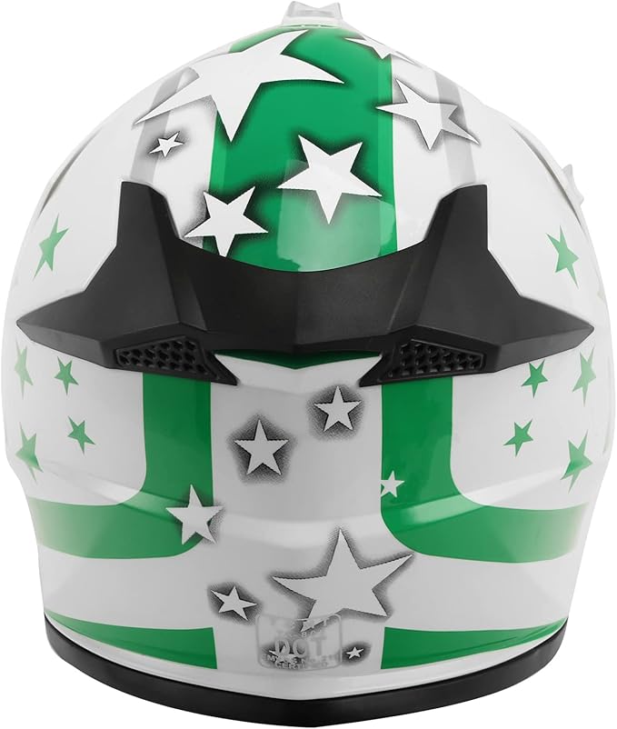 TCT-MOTORPARTS DOT Youth Kids Helmets Motocross ATV Helmets Offroad Street Dirt Bike Go-Kart BMX MX Full Face Helmet White w/Green Star Medium Size