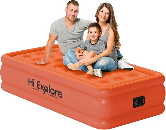 Air Mattress Twin with Built in Pump, 18" Foldable Blow Up Mattress, Portable Comfort Self Inflating Mattress with Flocked Top, Storage Bag for Camping, Home, Guests, Orange