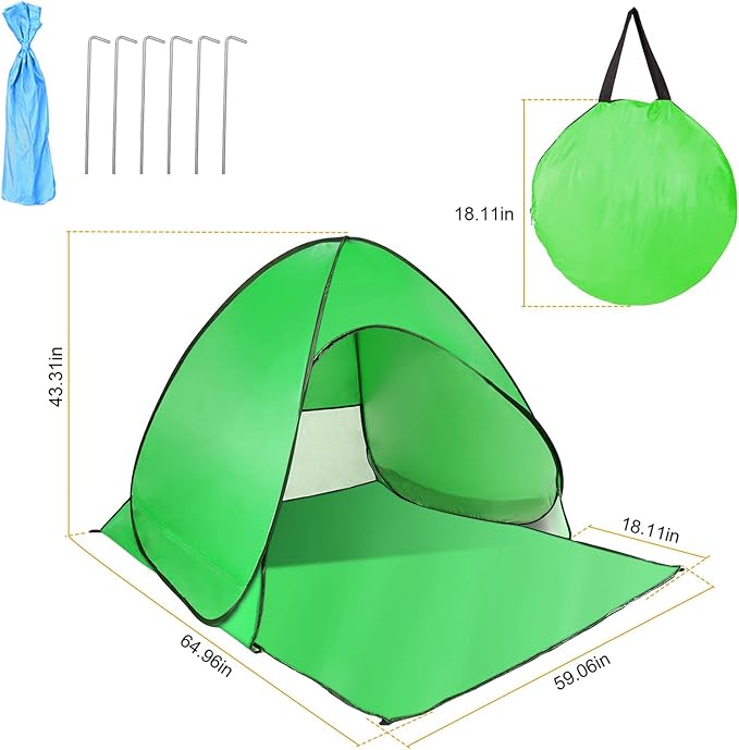 Pop Up Beach Tent for 2-3 Person, UPF50+ Anti-UV Sun Shelter w/Storage Bag, Portable Waterproof Instant Sun Shade Canopy for Outdoor Beach Camping Hiking Travel Family, Green