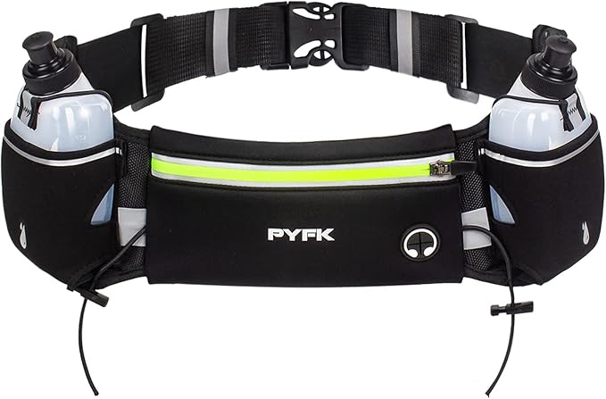 PYFK Upgraded Running Belt with Water Bottles, Hydration Belt for Men and Women, Water Bottle Holder Running Pouch Belt, Fanny Pack Fits 7 inches Phones, Waist pack for Running Hiking Climbing