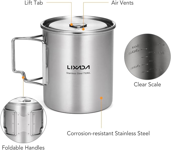 LIXADA Camping Cup Pot,750ml Stainless Steel Water Cup Mug with Foldable Handles and Lid for Outdoor Camping Hiking Backpacking