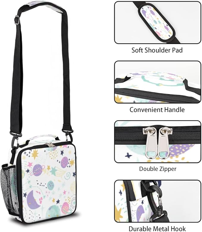 Space Lunch Box for Kids, Cartoon Space Planet Lunch Bag for Boys Girls, Reusable Insulated Waterproof Lunch Box with Adjustable Shoulder Strap Thermal Cooler Tote Bag for School Daycare Picnic