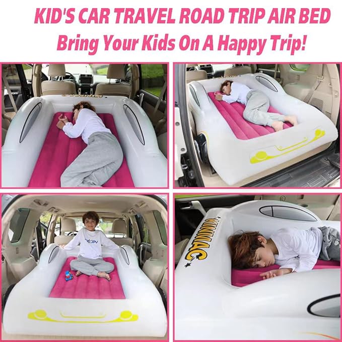 KINMAC Inflatable Toddler Travel Bed- Portable Travel Toddler Air Bed for Kids Camping Air Mattress Racecar Toddler Bed with Sides Blow Up Mattress Sleeping Pad for Camping Car Travel(Rose Red)