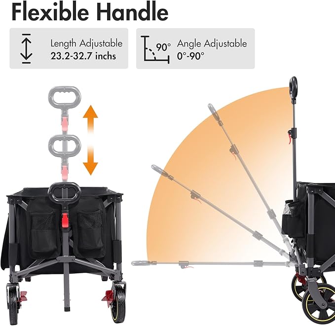 PORTAL 51.2" Long Wagons Carts Foldable with Brakes, Large Foldable Wagon with Cargo Net, Side Pocket, Cup Holders, 350 LBs Heavy Duty Utility Grocery Wagons for Sports, Camping