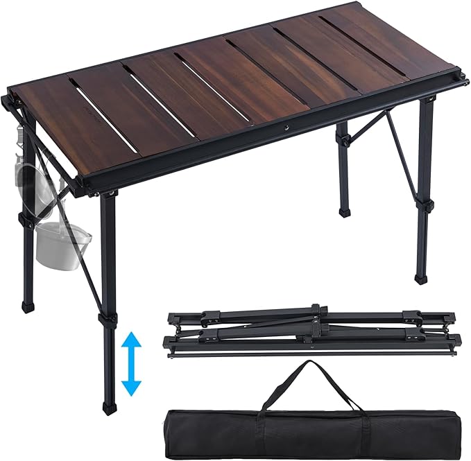 CHANGE MOORE Portable IGT Camping Table Acacia Wood Tabletop, 16.14-26.4inch Height-Adjustable Aluminum Table Leg, X-Shaped Structural Support, 3 Side Pipes Outdoor Table with Carrying Zipper Bag