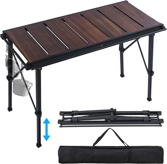 CHANGE MOORE Portable IGT Camping Table Acacia Wood Tabletop, 16.14-26.4inch Height-Adjustable Aluminum Table Leg, X-Shaped Structural Support, 3 Side Pipes Outdoor Table with Carrying Zipper Bag