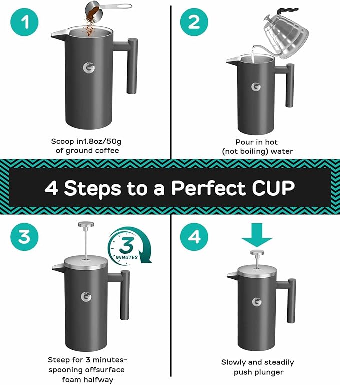 Coffee Gator French Press Coffee Maker - 34oz Double Insulated Stainless Steel Brewer plus Travel Jar Canister, Portable Hot Cold Brew Teapot Cafetera for Coffee Bar Accessories Kitchen Camping, Gray