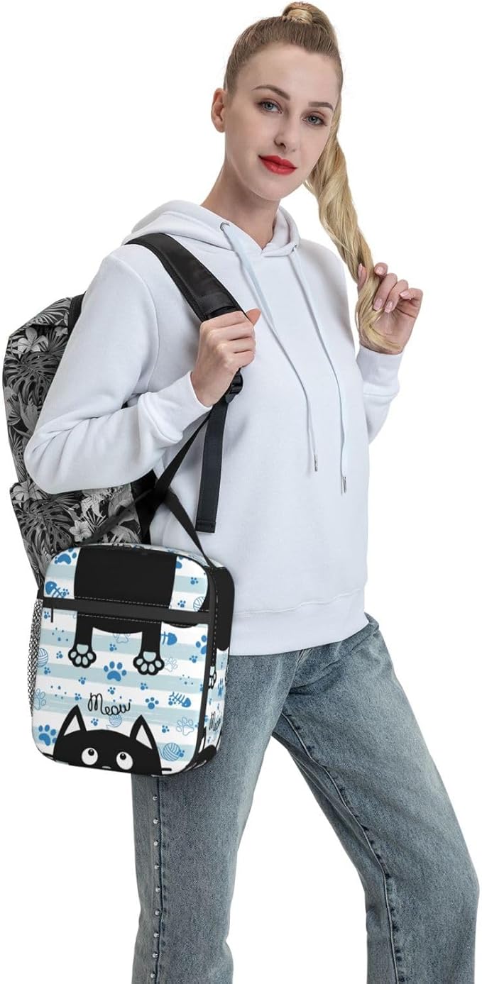 Black Cat Lunch Box for Kids Boys Girls, Blue and White Striped Cat Paws Insulated Lunch Bag for Women Men, Leakproof Durable Lunch Cooler for School Work Picnic