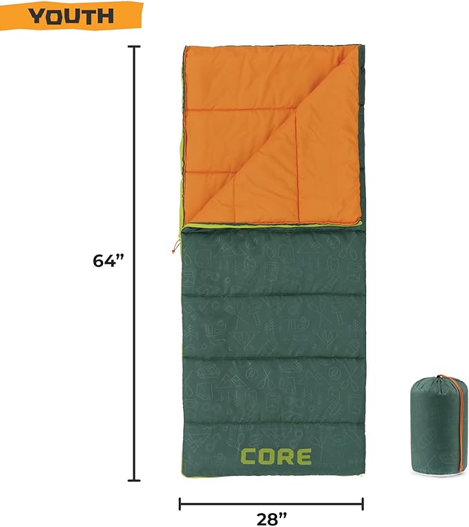 CORE 50 Degree Youth Sleeping Bag | Lightweight & Compact for Boys & Girls | Perfect for Indoor or Outdoor Use, Camping, Backpacking, Hiking, & Sleepovers | Ideal for Warm & Cooler 3 Season Weather