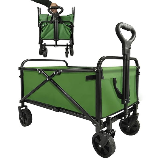 Collapsible Wagon Cart Heavy Duty Foldable, Large Capacity Foldable Grocery Beach Wagon for Camping Sports Shopping, Green