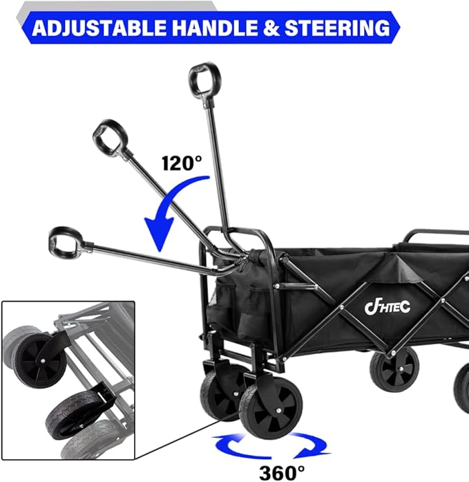 Collapsible Wagon Cart Black Foldable Utility Cart for Shopping, Camping, Sports and Garden, 100lbs Mini Home Folding Wagon Cart