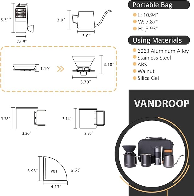 Pour Over Coffee Maker Set, ALL in 1 Portable Set- Manual Coffee Grinder with Stainless Steel Conical Burr, Collapsible Silicone Coffee Dripper Set, Coffee Gooseneck Kettle
