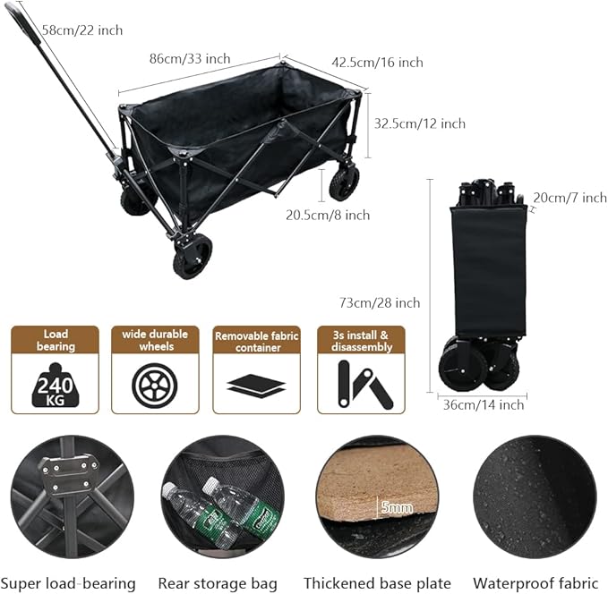 Folding Heavy Duty Camping Wagon Cart with All-Terrain Wheels & Adjustable Handle, Good for Outdoor Picnic, Garden Party, Shopping, BBQ, Black