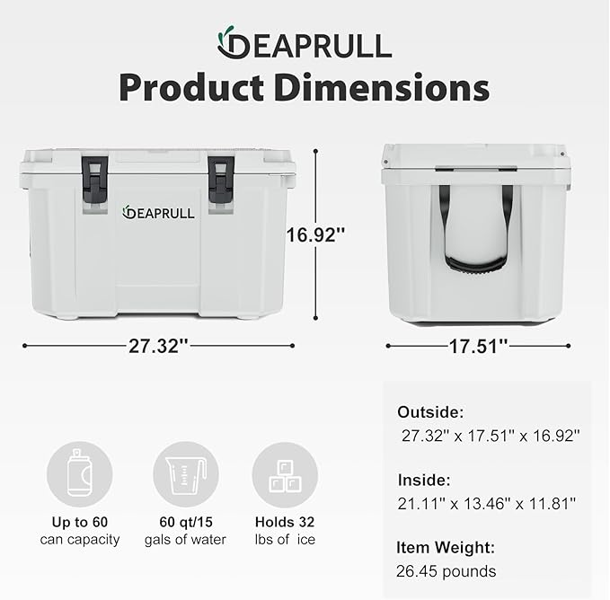 60 Quart Hard Cooler, Insulated Ice Chest Box Holds Ice for up to 6 Days, Portable Cooler with Nylon Rope Handles, Cup Holders, Double Latches for Camping Drink, Beach, Picnic, Fishing, Boat, Barbecue