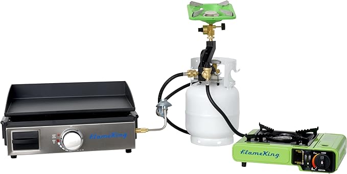 Flame King FK-DTMINI Mini 3-Port Distribution Tree for Camping, Connects 1-lb Appliances to a Standard Propane Tank, Perfect for Lanterns, Stoves, Heaters, and Grills, Black & Gold