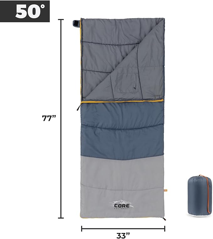 CORE Sleeping Bags for Adults | Lightweight & Compact | Perfect for Indoor or Outdoor Use, Camping, Backpacking, Hiking, & Sleepovers | Ideal for Warm & Cooler 3 Season Weather