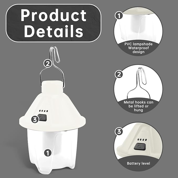 LED Camping Lantern Rechargeable, Waterproof Survival Camping Light, Portable Lantern Flashlight Tent Light with 5 Light Modes for Hurricane, Hiking, Camping, Power Outages (White)