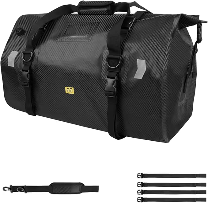 Waterproof Duffel Bag，Roll-Top Heavy Duty Dry Duffle Bag，Motorcycle Dry Bag，with Large Storage Space, Perfect for Traveling, Camping, Kayaking, Fishing & Canoeing (Carbon fiber black, 66L)
