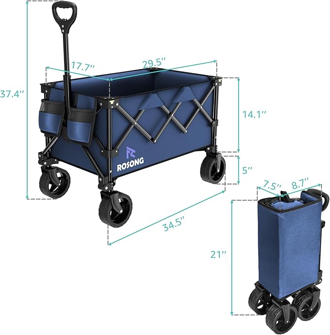 Folding Wagon Cart with Wheels Foldable - Collapsible Wagons Carts Heavy Duty, Fold Up Portable Utility Wagon for Grocery Beach Sports Fishing Camping Shopping Navy