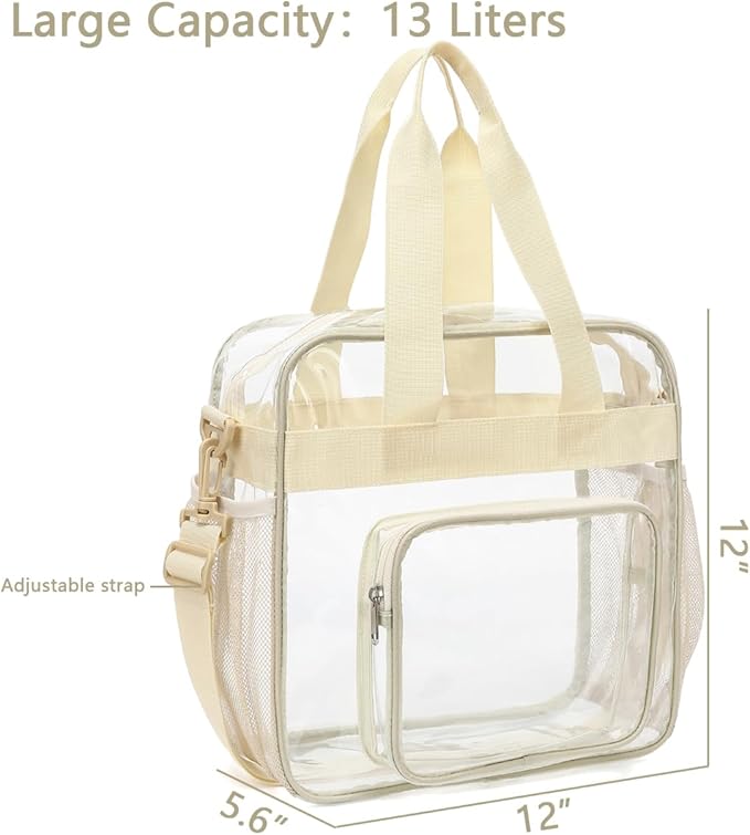 FlowFly Clear Bag for Stadium Events With Shoulder Strap for Women, Men, Large and Reusable Lunch Container, Work and Sporting Events, Travel 12x6x12 Clear Tote Bag, Clear#Biege