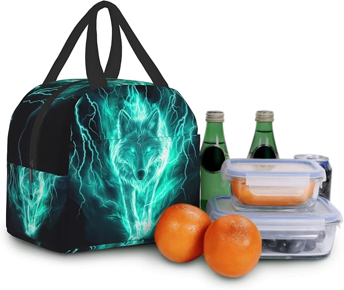 Giwawa Wolf Lunch Bag Fire Animal Print Lightning Insulated Kids Lunch Box Reusable Thermal Cooler Lunch Tote Bag Food Container for Teens Adults Girls Boys School Men Women Travel