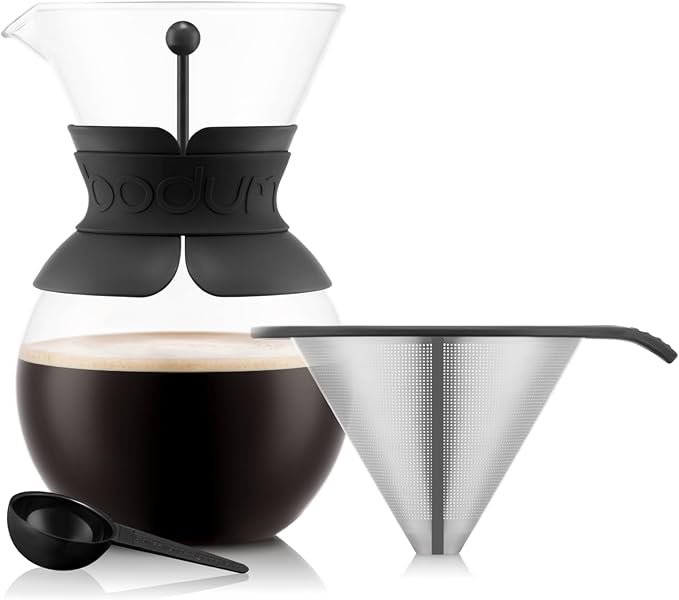 Bodum 34oz Pour Over Coffee Maker, High-Heat Borosilicate Glass with Reusable Stainless Steel Filter and Black Band Grip - Made in Portugal