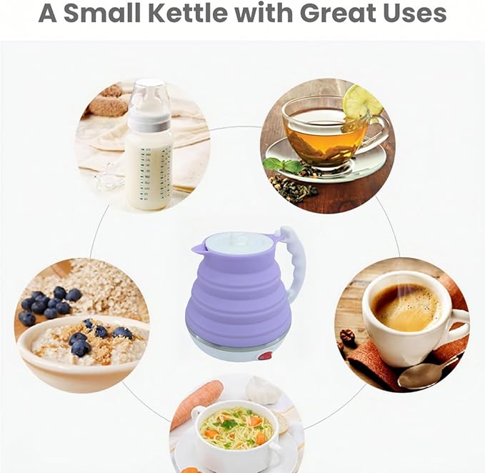 Collapsible Travel Kettle, Portable Electric Kettle, Travel Tea Kettle, Portable Water Boiler, Food Grade Silicone, Auto Shut off and Keep Warm, 110V 555ml (Purple)