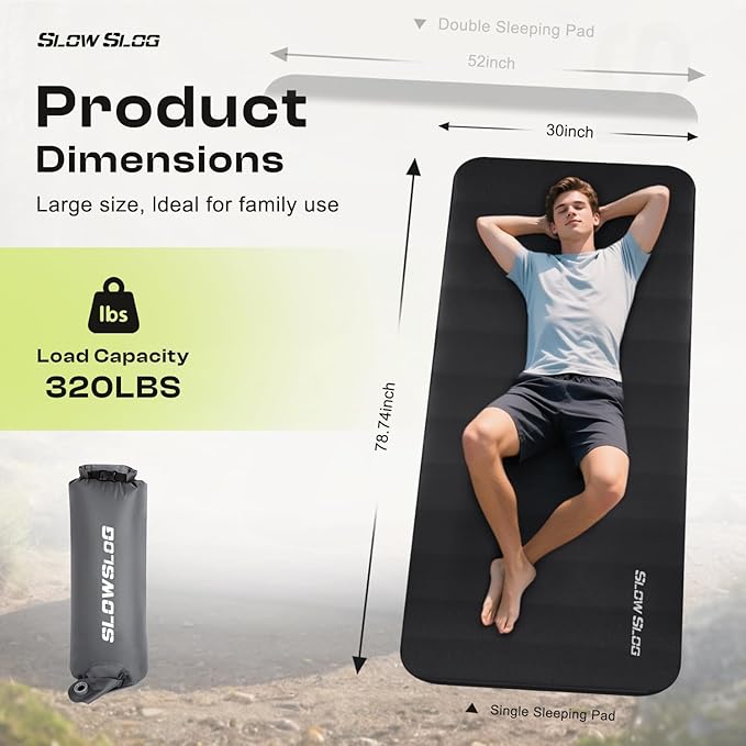 Self-Inflating Sleeping Mats for Camping 4in Ultra-Thick Foam Sleeping Pad Inflatable Camping Mattress with Pump Sack, Portable Camping Pad for 4-Season, Black