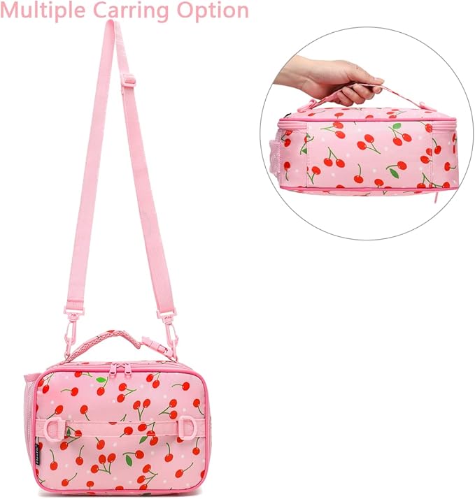 FlowFly Kids Lunch Bag, Durable Insulated School Lunch Box with Shoulder Strap and Bottle Holder, Water-resistant Thermal Small Lunch Cooler Tote for Teen Boys & Girls,Cherry