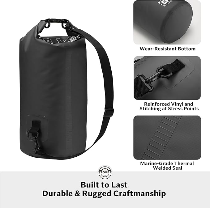 STOVER 5/10/25/30/40/55L Waterproof Dry Bag, Small Lightweight Roll Top Dry Bag Backpack w/Waterproof Phone Case, Kayaking, Travel, Hiking, Fishing, Tubing, Camping, the Beach, Men/Women (Black)