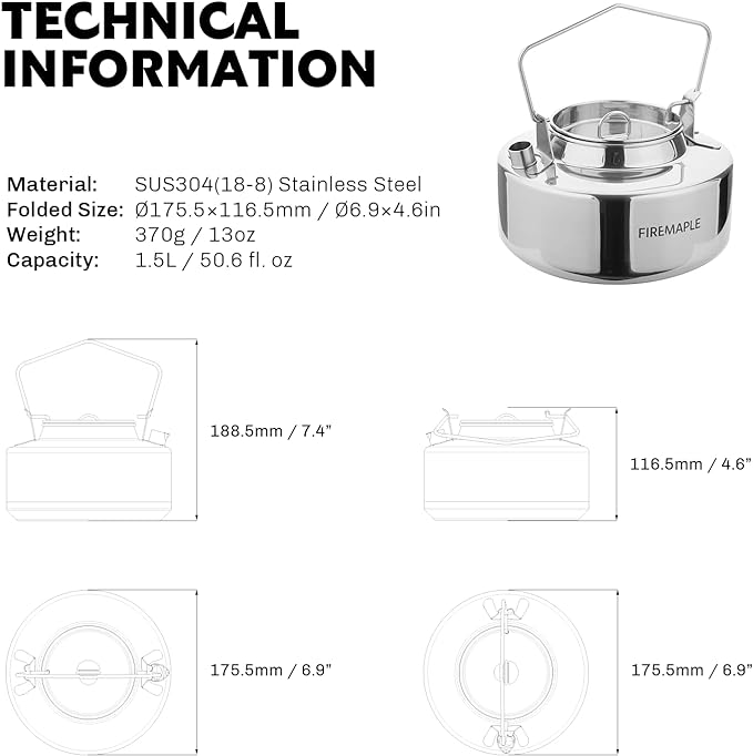 Fire-Maple Antarcti 1.5L Kettle Series | Portable Durable Bushcraft Gear Open Fire Kettle | SUS304 Stainless Steel