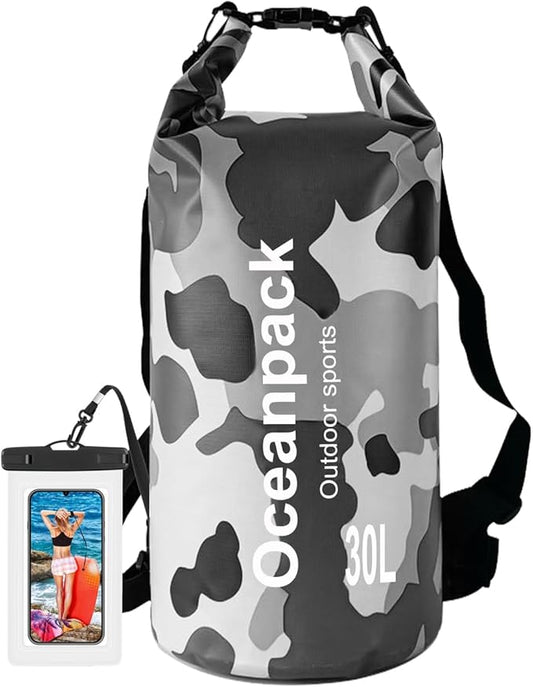 Waterproof Dry Bag 2L/5L/10L/20L/30L, Dry Sack for Kayaking Rafting Boating Beach Surfing Swimming, Camping, Hiking, Beach, Fishing Gray Backpack with Waterproof Phone Case