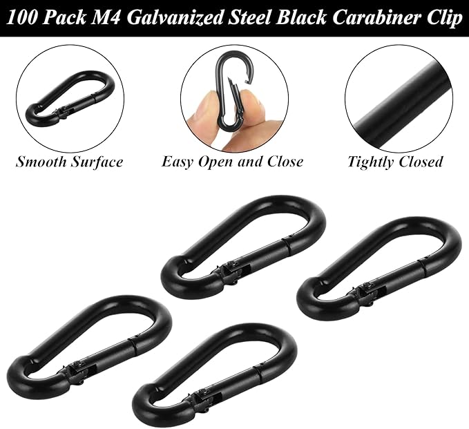 MIVIDE 100 Pack M4 Black Carabiner Clip Spring Snap Hook, 1.57 Inch Heavy Duty Small Snap Hooks Carabiner Quick Link Clip for Camping Hiking Traveling Outdoor Swing Gym, 110Lbs Capacity