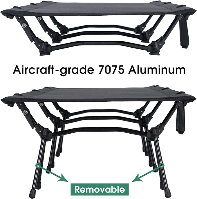 CAMPNACHT Ultralight Camping Cot with Leg Extenders, Aluminum Lightweight Folding Cot for Adults, Portable Backpacking Compact Tent Cot for Outdoor, Hiking, 1 Pack with 2 Use Modes, Black