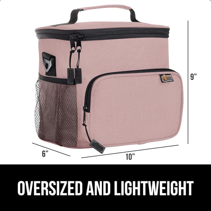 GORILLA GRIP Reusable Insulated Lunch Box Bag for Women Men, Large Leakproof Soft Cooler Bags, Multiple Compartments, Mesh Pockets, Adjustable Strap, Food Tote Keeps Drinks Cold, 8L, 10x9, Pink