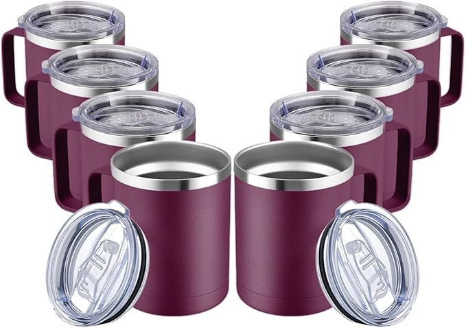 MEWAY 12oz Coffee Mug With Handle and Sliding Lid,Stainless Steel Travel Tumbler Cup with Handle,Double Wall Vacuum Insulated Camping Cup for Hot & Cold Drinks Tea (Plum,Set of 8)